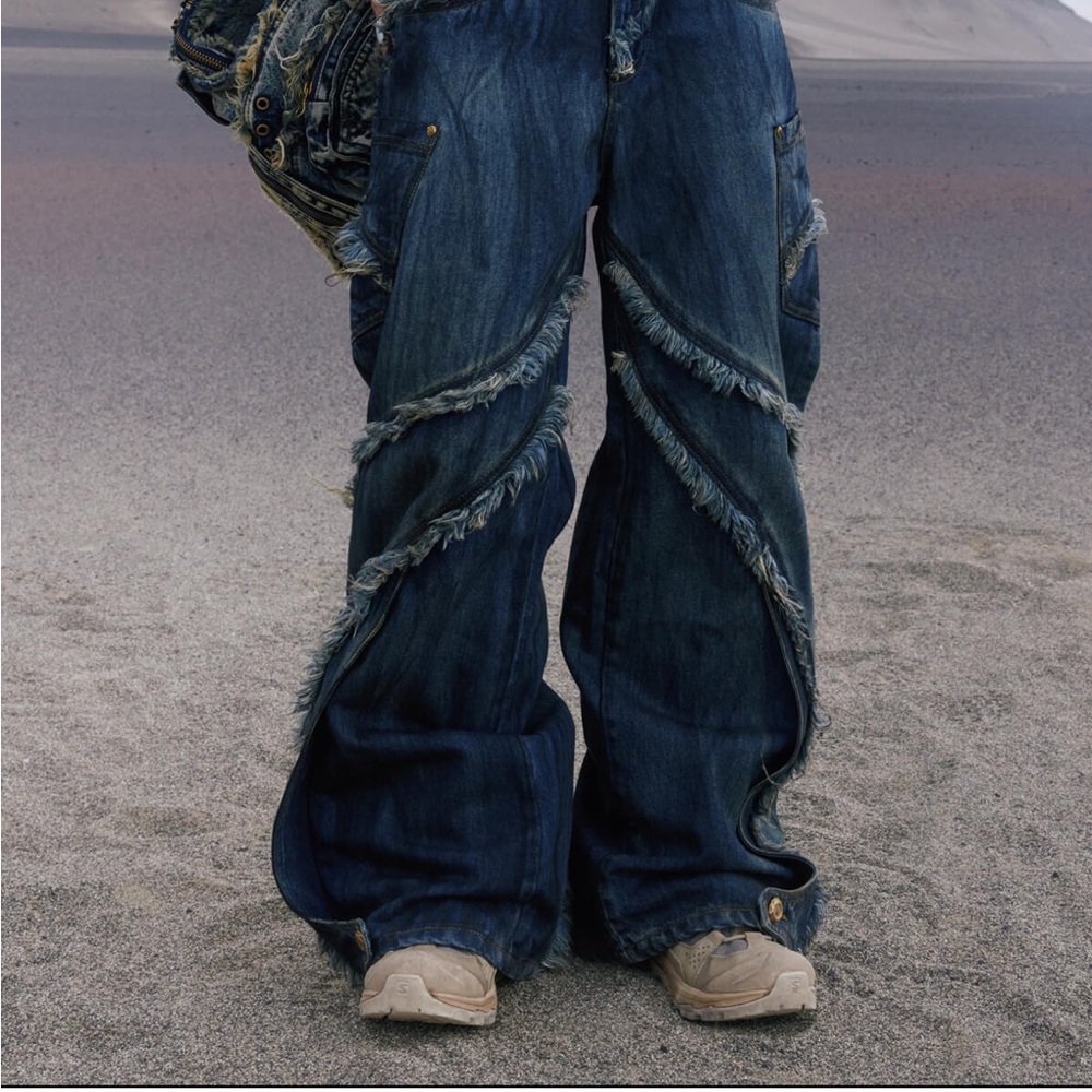Personsoul Tie-Dye Raw Edge Baggy Jeans